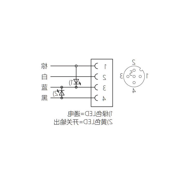 M12 4Pin, straight female, LED light, single end precast cable, PUR material, yellow sheath, 64T311-XXX